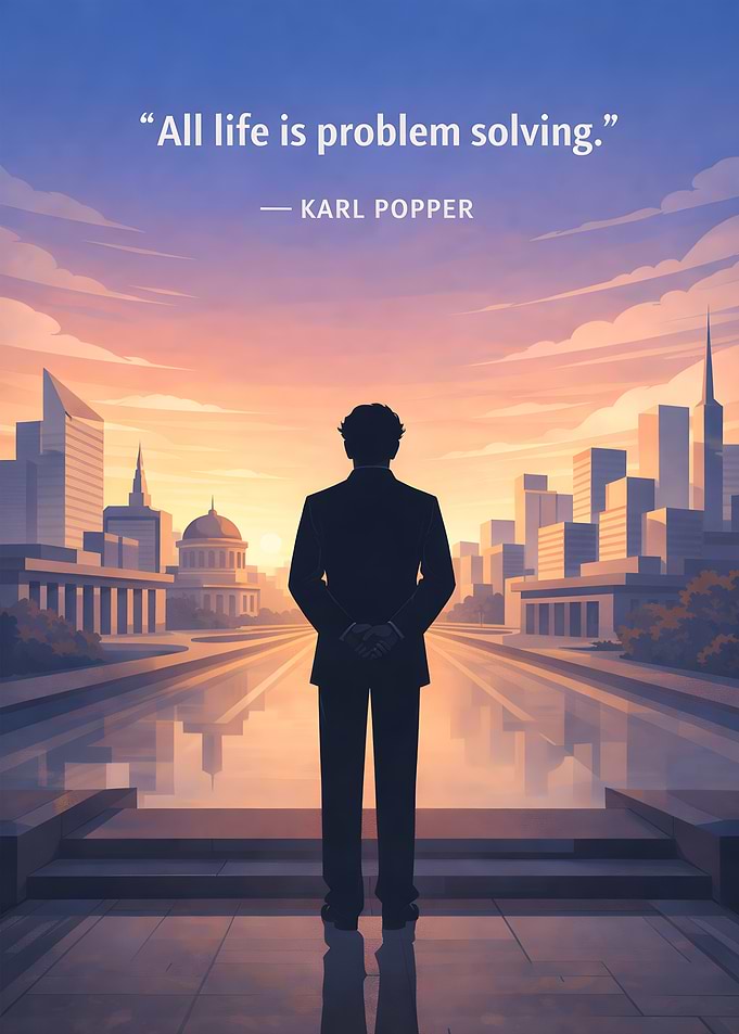 Man overlooking city at sunset