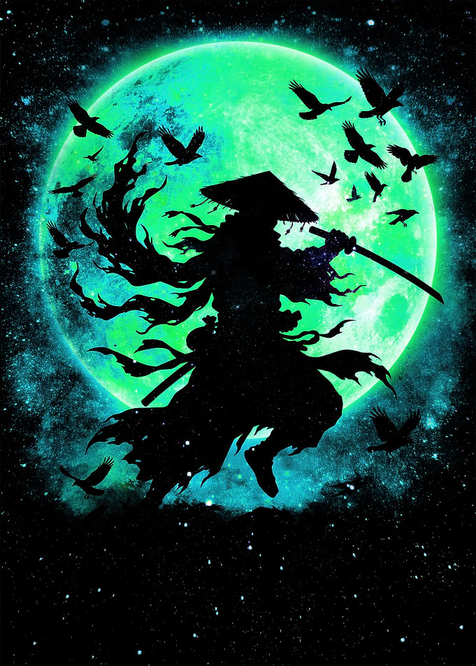 Samurai Silhouette Under a Green Moon