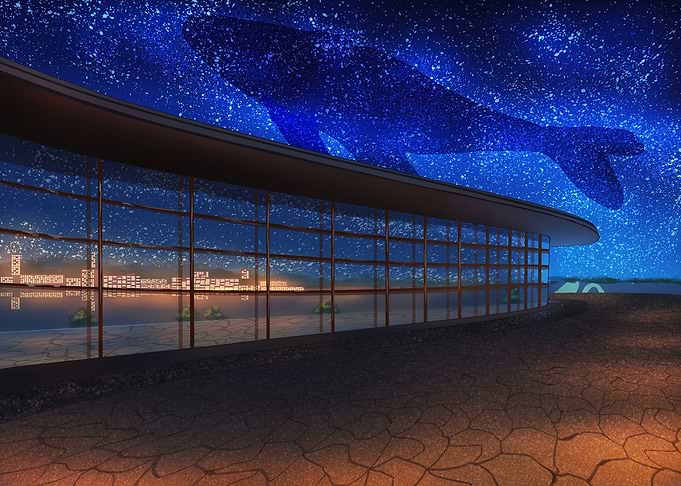 Whale constellation over modern building