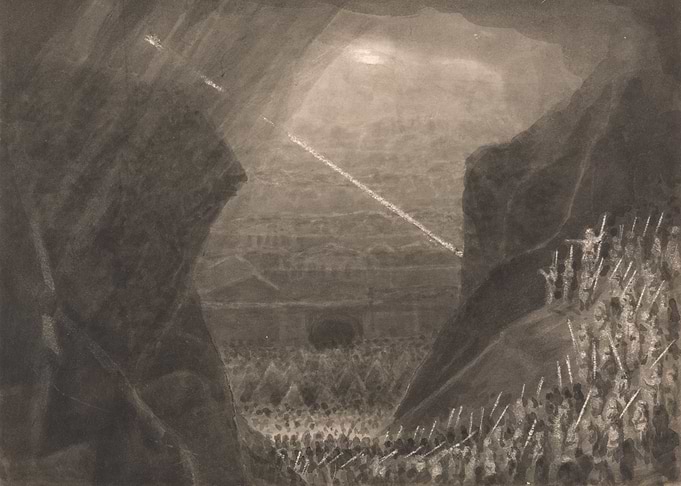 Dark Cave Entrance with Army and Distant City