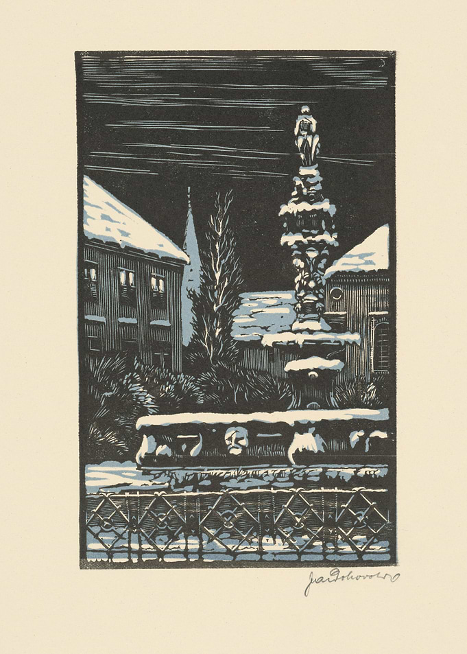 Winter Square with Fountain and Statue
