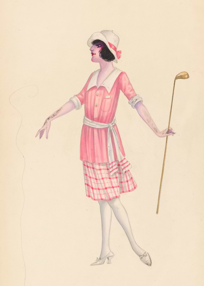 Woman in pink golf attire with club