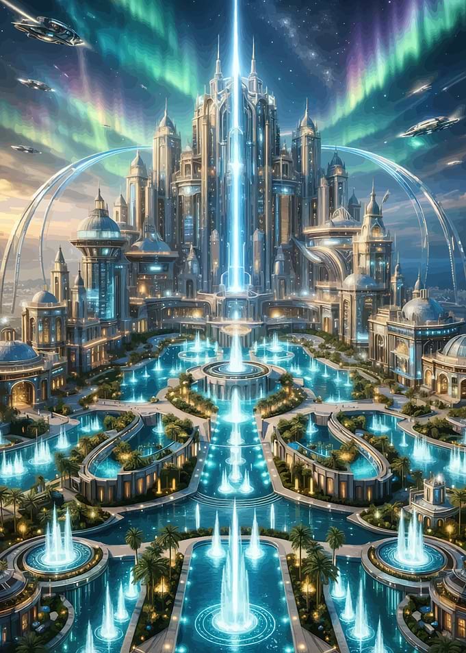 Futuristic Cityscape with Aurora Borealis