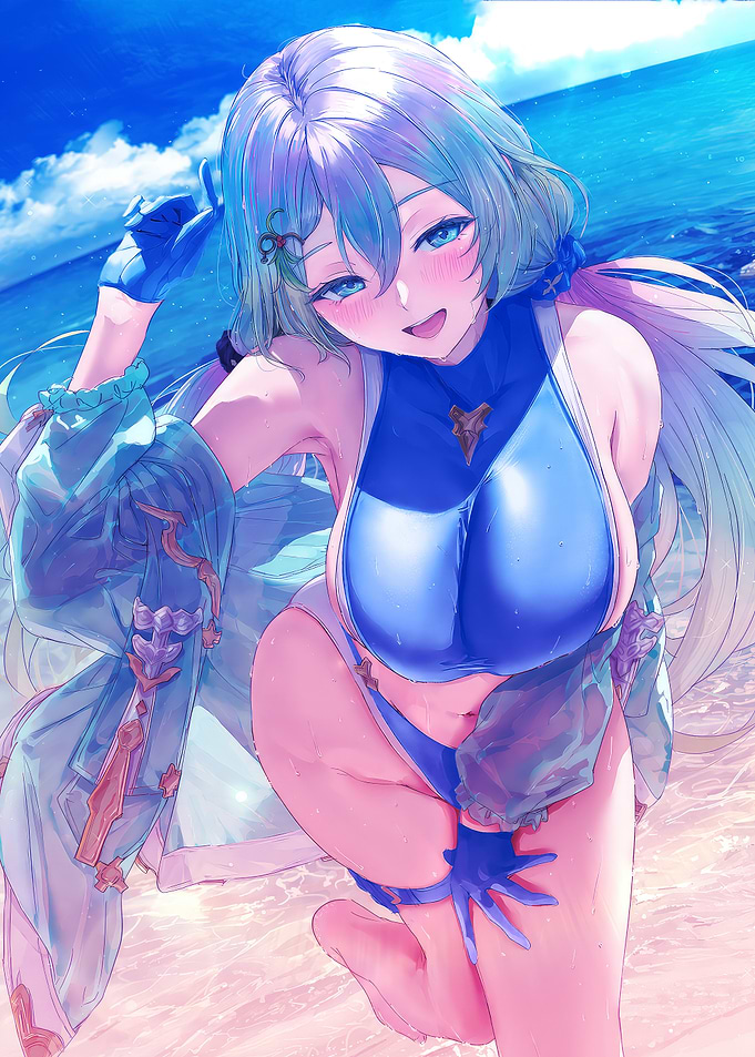 Anime Girl in Blue Bikini on Beach
