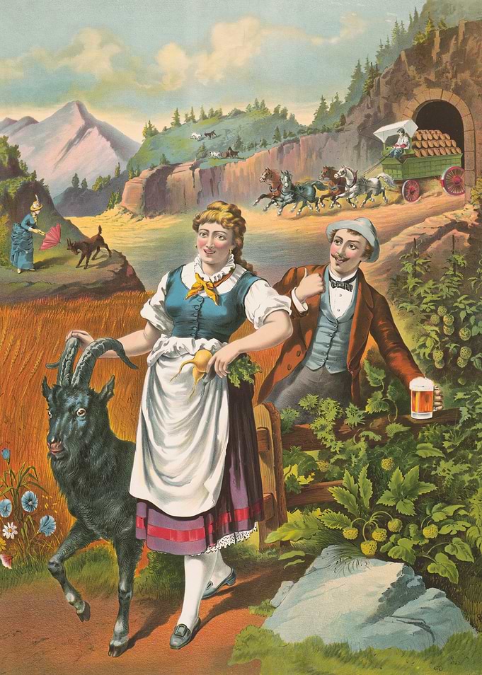 Alpine Scene with Farmers and Horse-Drawn Wagon