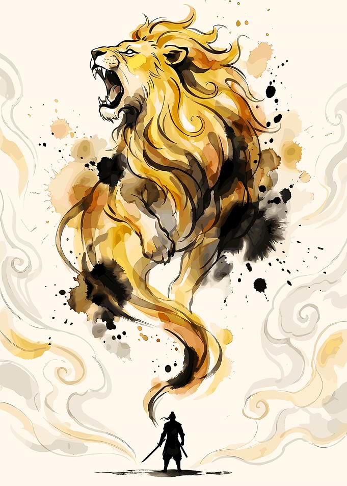 Warrior facing a roaring lion