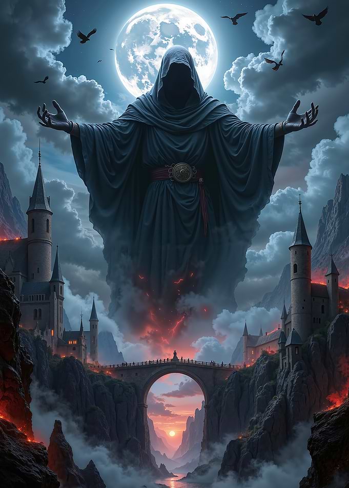 Dark Fantasy Grim Reaper over burning castles