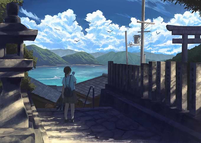 Girl overlooking a serene Japanese bay
