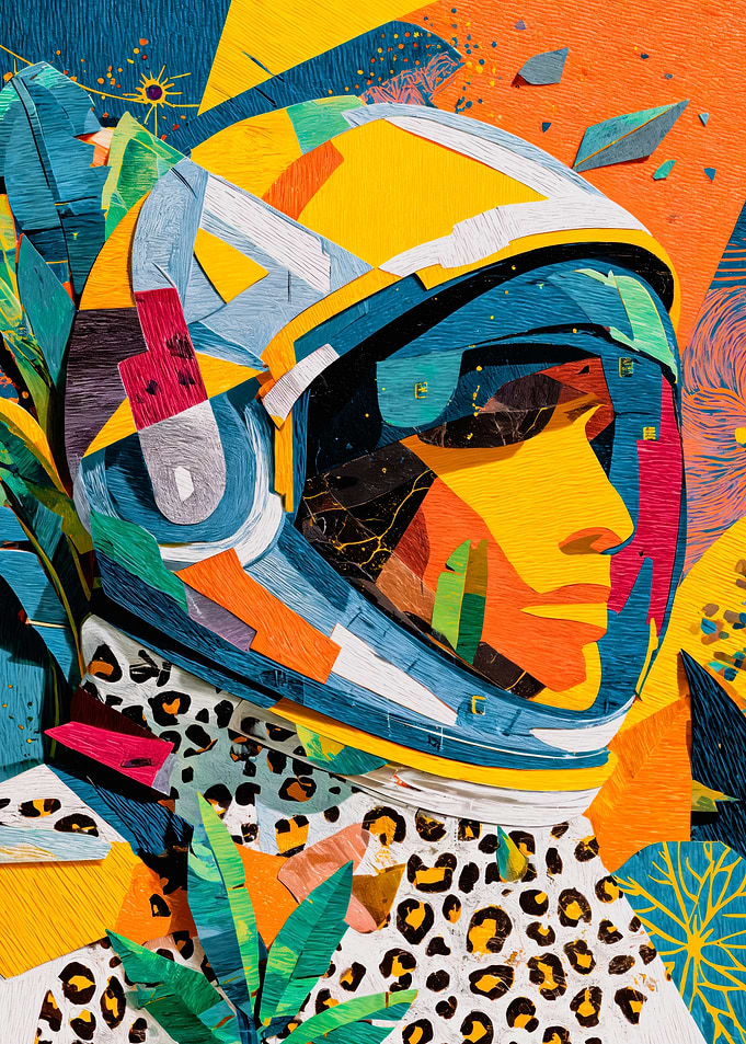 Abstract Astronaut Helmet Tropical Paper Collage