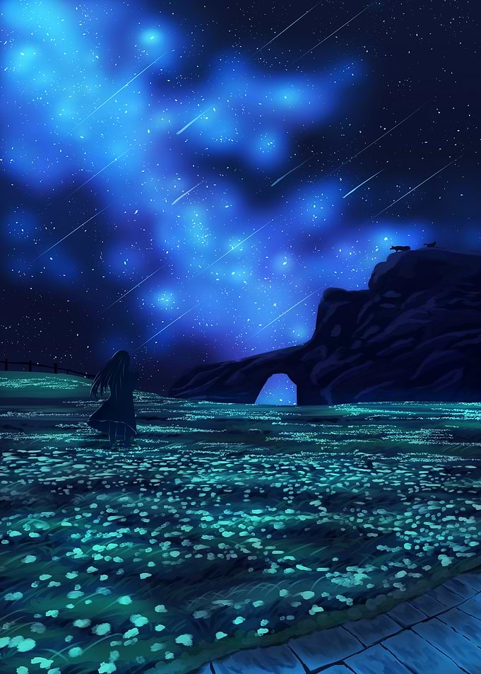Girl in a field under a starry sky