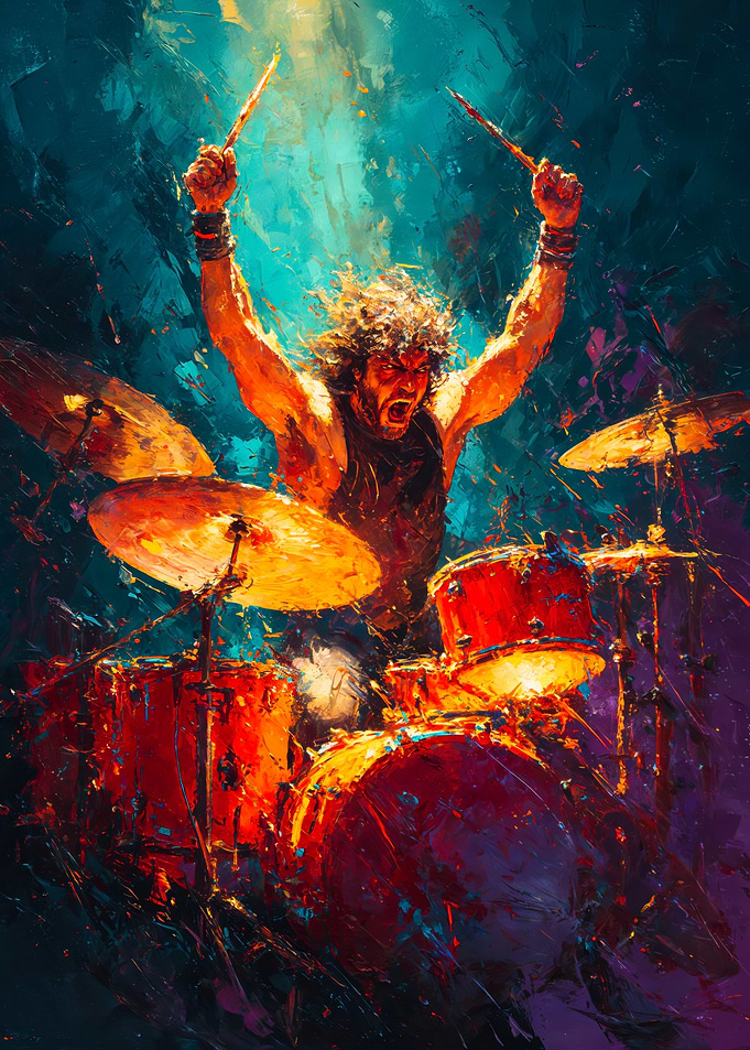 Intense Rock Drummer Performance Painting