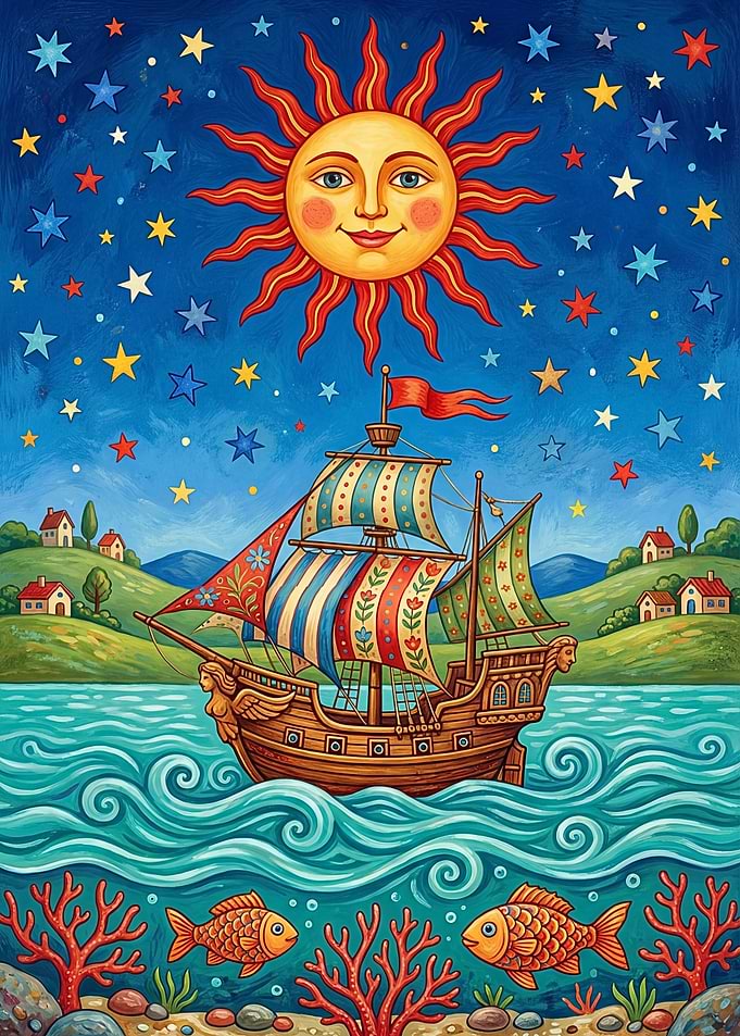 Whimsical Sailing Ship Under a Starry Sky