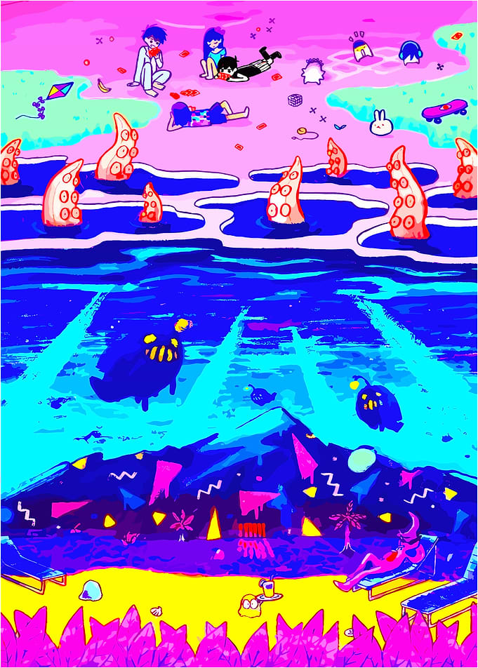 Surreal Beach Scene with Characters and Tentacles