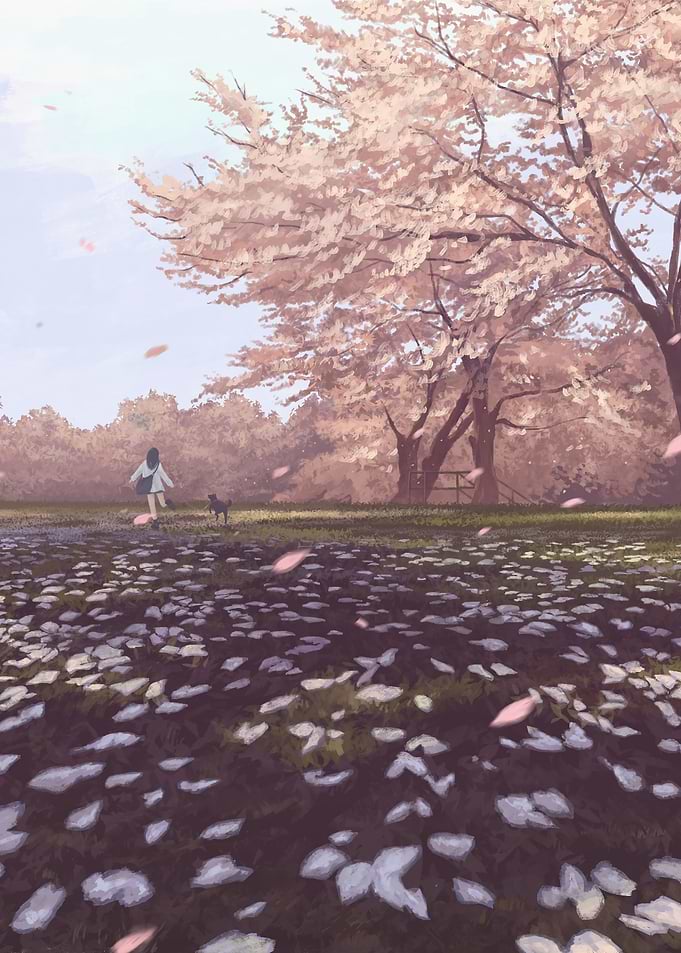 Girl and dog under cherry blossoms