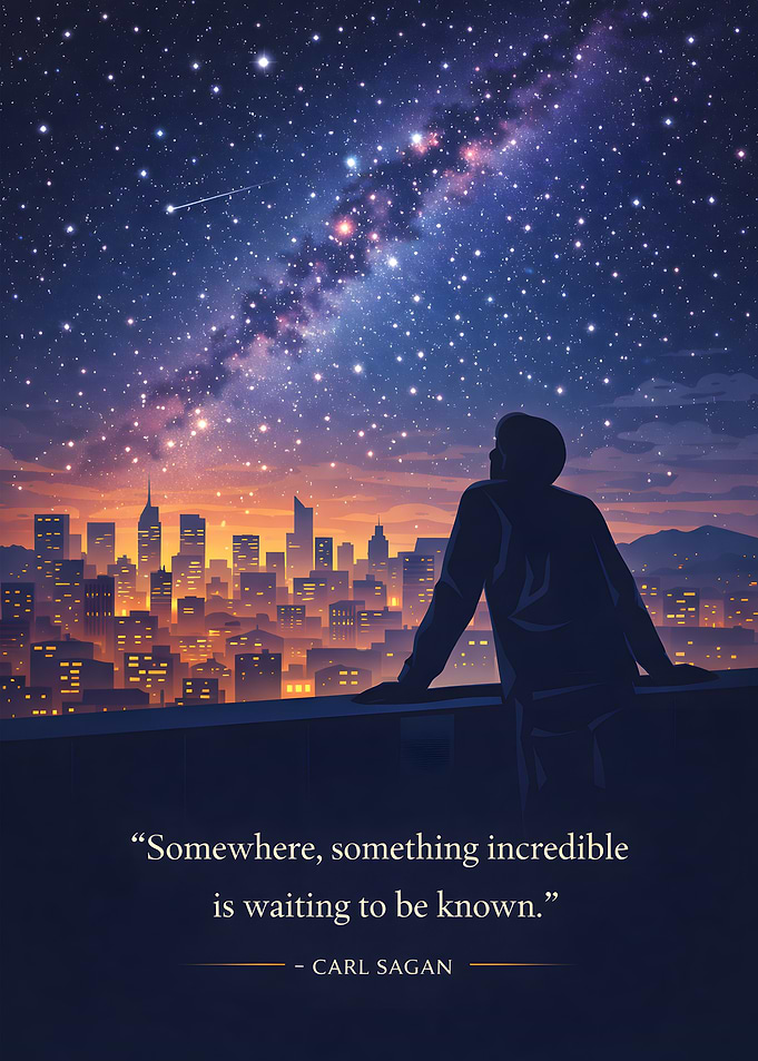 Man gazing at city and stars