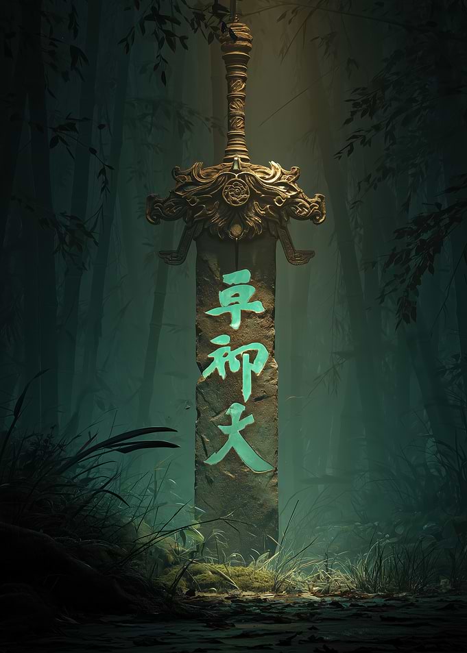 Giant Sword in a Mystical Forest