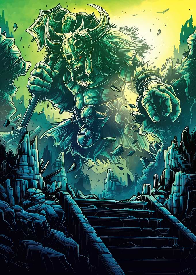 Giant Skull Warrior in Ruined Landscape