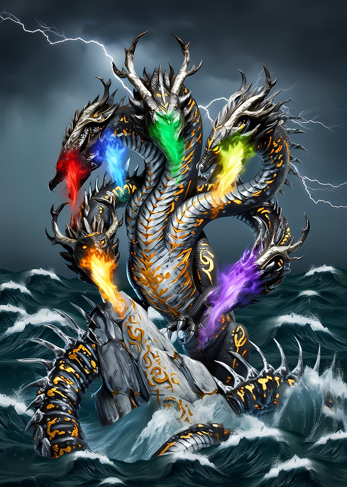 Multi-headed Dragon in Stormy Seas