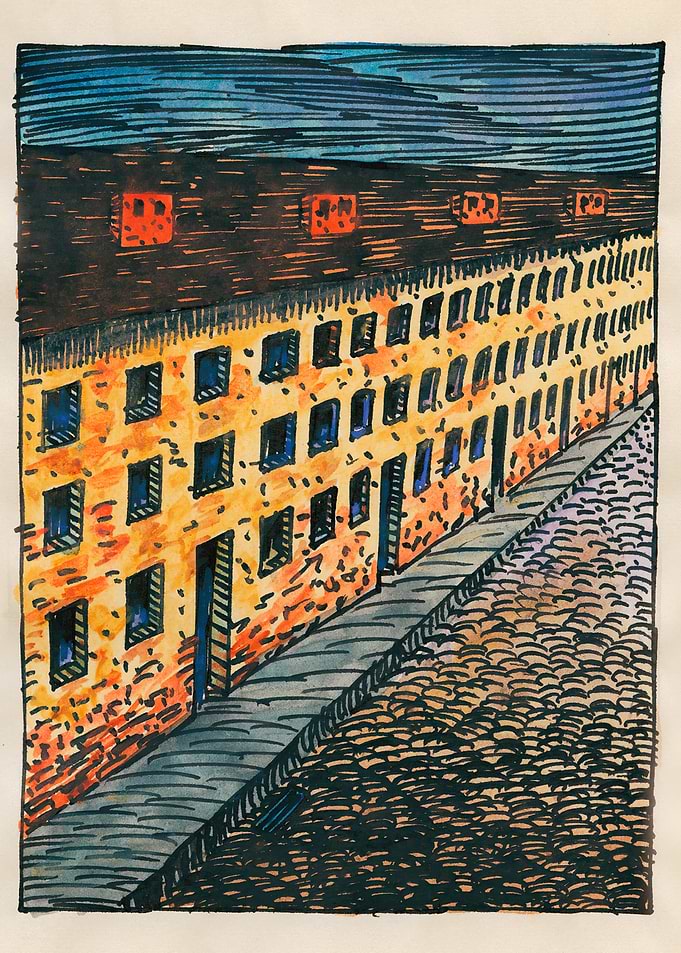 Industrial Building Facade with Cobblestone Street