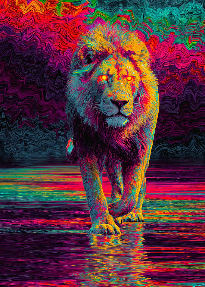 Psychedelic Neon Lion Walking Reflection