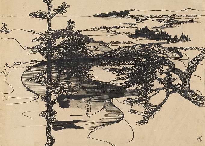 Ink drawing of a serene lake landscape