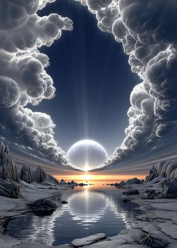 Alien Planet Sunrise Over Icy Lake
