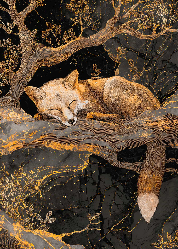 Golden Fox Sleeping On Tree Branch