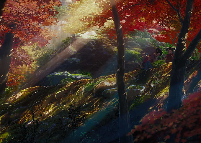 Anime characters in a sunlit forest