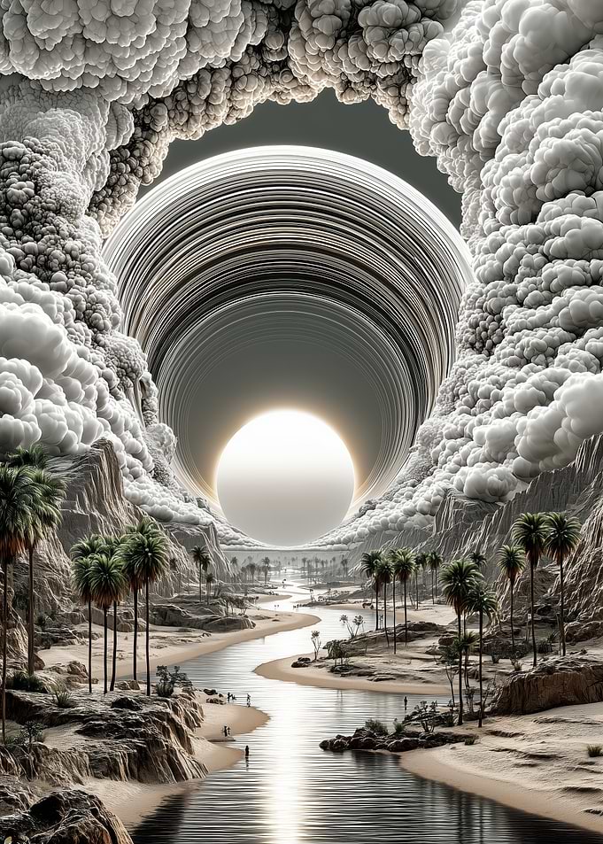Surreal Desert Oasis with Cosmic Portal