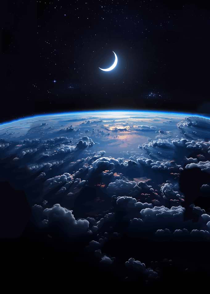 Crescent Moon Over Earth Clouds