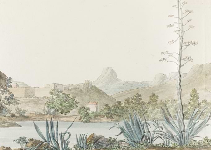 Watercolor Landscape with Village and Agave