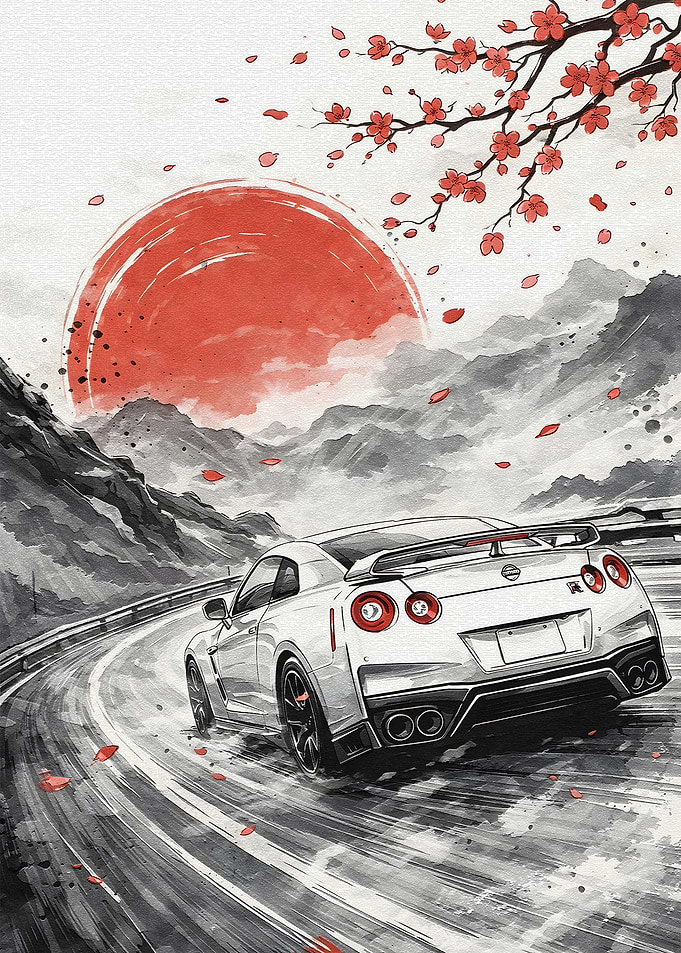 White Nissan GT-R Drifting Under Cherry Blossoms