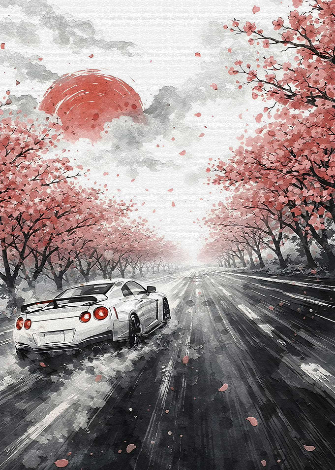 Car Driving Through Cherry Blossoms