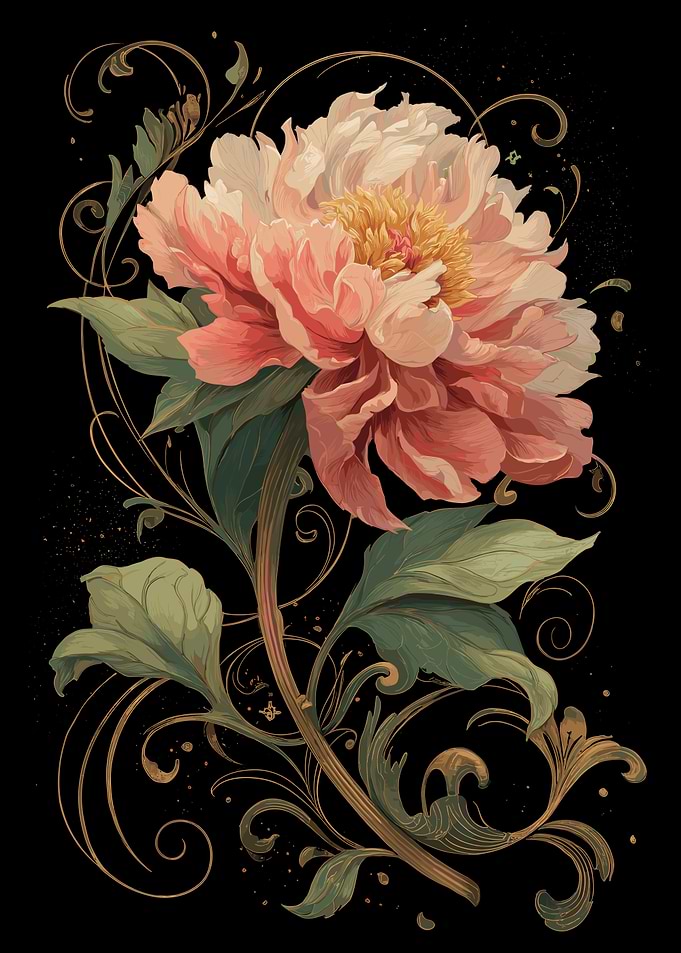 Elegant Pink Peony with Gold Flourishes