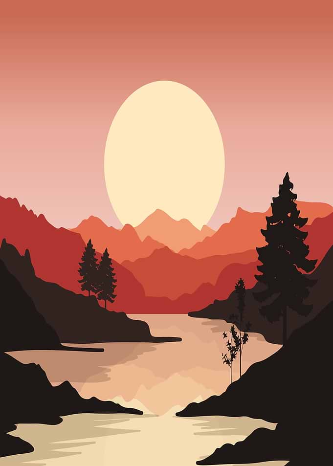 Sunset over mountains and river