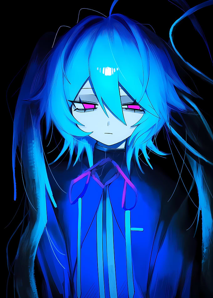 Blue Haired Anime Girl with Pink Eyes
