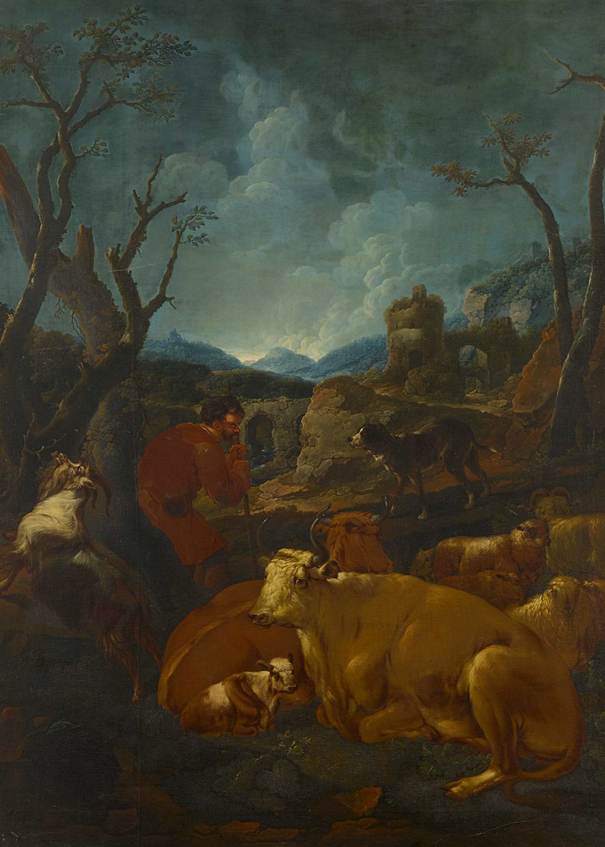 Shepherd with Flock in Ruined Landscape