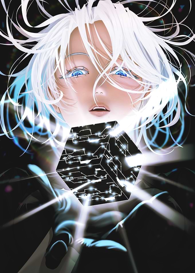 nier automata game with glowing cube