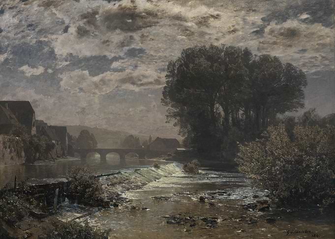 River landscape with bridge and trees
