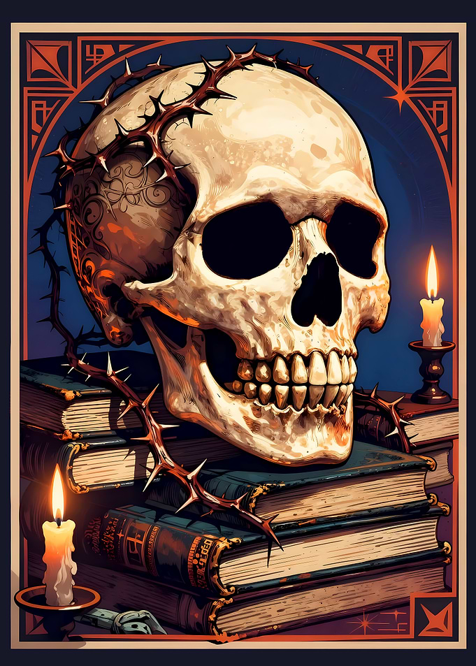 Skull with Thorns on Old Books Gothic Art