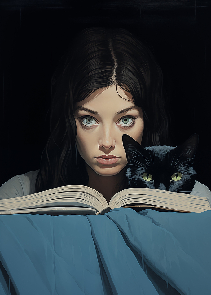 Woman and Black Cat with Book