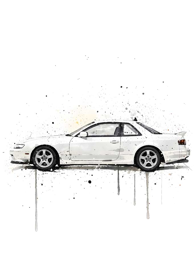 White Sports Car Watercolor Splash Art