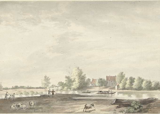Pastoral River Scene with Ferry and Livestock