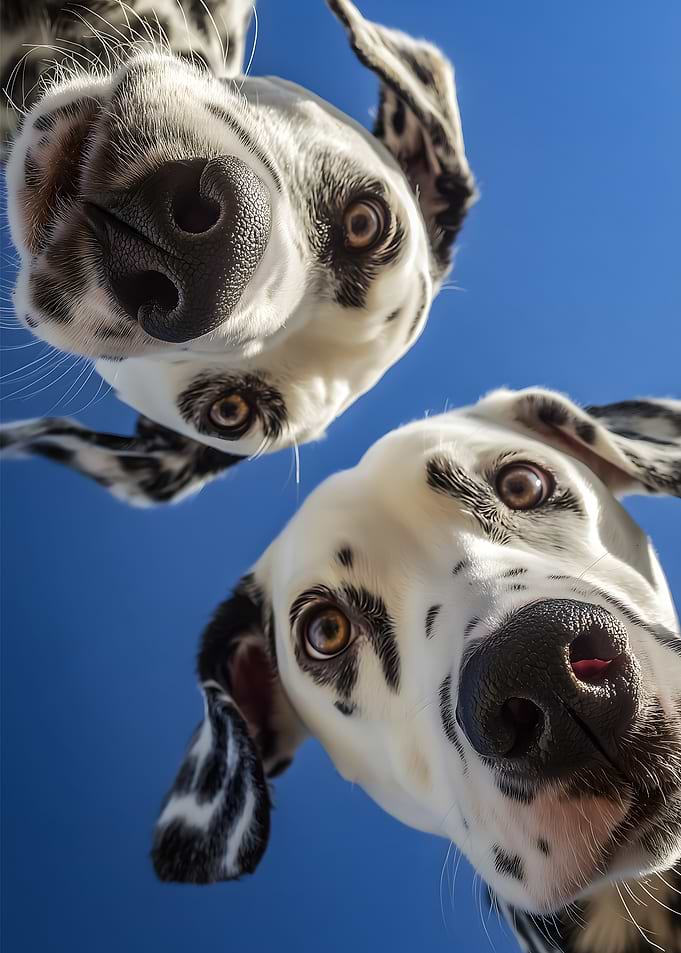 Two Dalmatians looking down