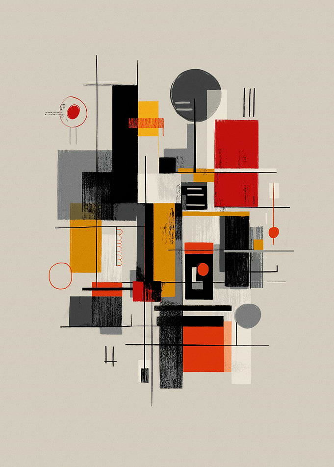 Abstract Geometric Composition with Red and Yellow Accents