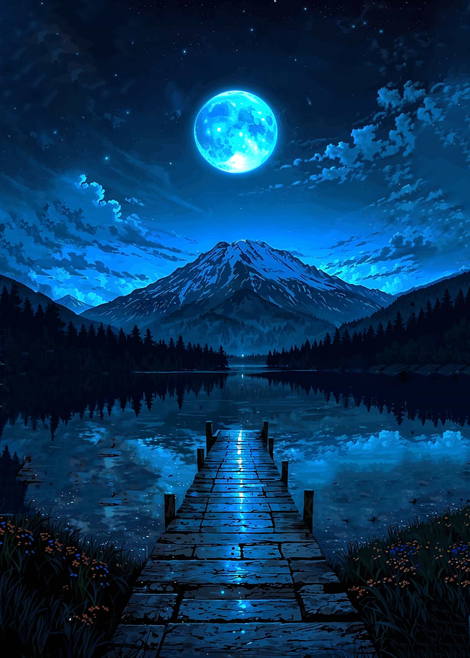 Moonlit Mountain Lake Dock