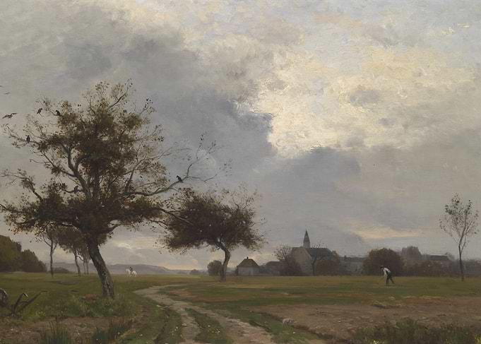 Rural landscape with village and figures