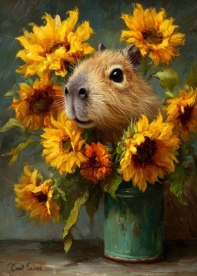 Capybara with Sunflowers