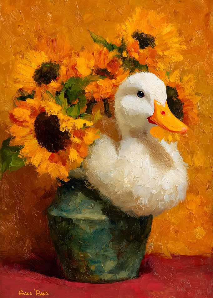 Duckling with Sunflowers in a Vase