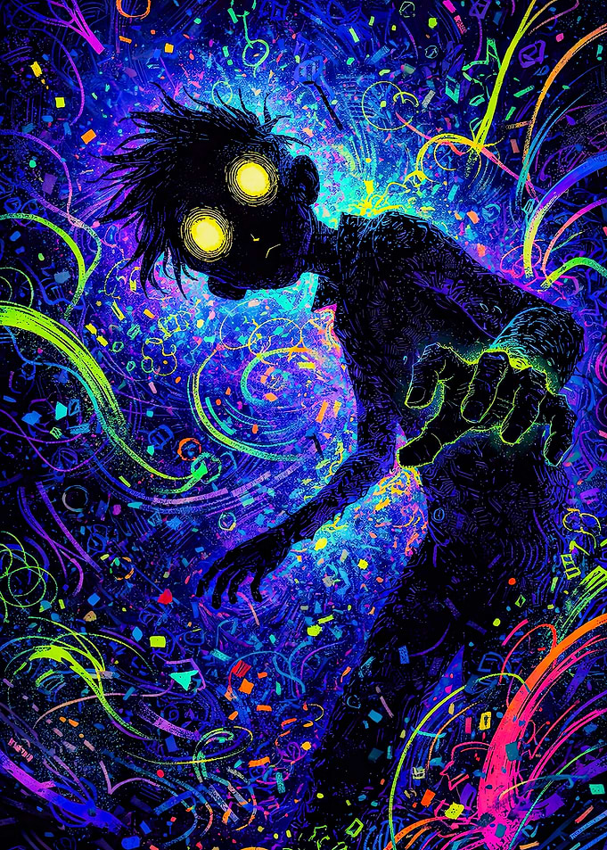 Psychedelic Character in Neon Swirls